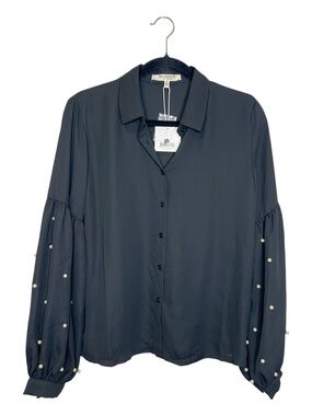 FREE GENERATION Pearl Embellished Sleeve Black Button Up Top size Medium